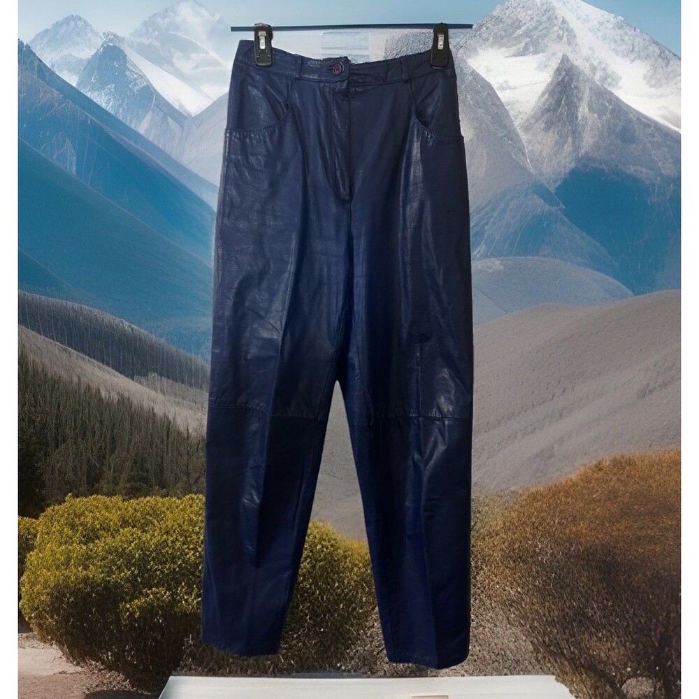 Y2K 80s Top Grain Leather Pants Women's Size 12 Blue Skinny Leg Bikercore Grunge